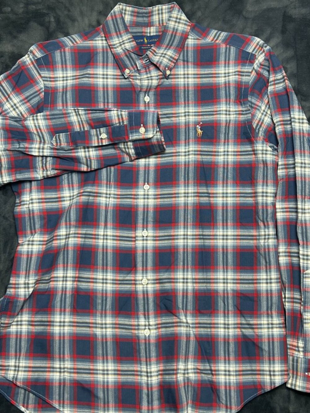 Ralph Lauren Classic Fit Shirt M Navy Red White Plaid Long Sleeve Cotton Button - Picture 2 of 6